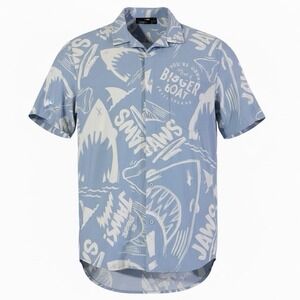JAWS Short Sleeve Button Up Hawaiian Shirt Light Blue Men's Size L